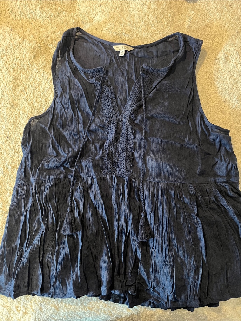 Lucky Brand Navy Sleeveless Crochet-Trim Peplum Camisole